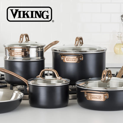Viking 3 Ply Pots and Pans Set, 11 Piece Stainless Steel Kitchen Cookware with Glass Lids, Black with Copper