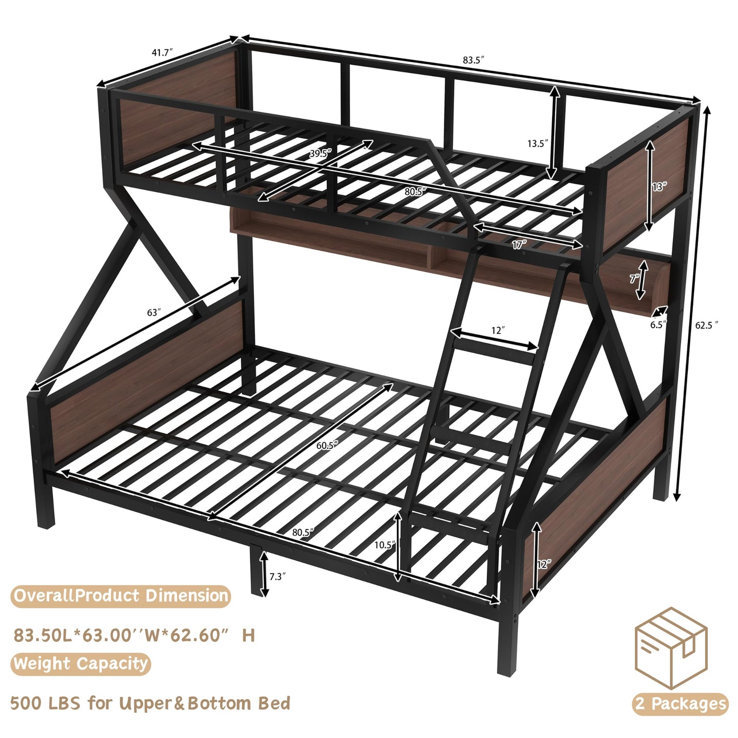 Bellemave Twin XL Over Queen Bunk Bed with Shelves, Metal Bunk Beds with Ladders and Lights, Heavy-Duty Bunkbed for Bedrooms, Guest Rooms and Dorms, No Box Spring Needed and Noise-Free Design, Black