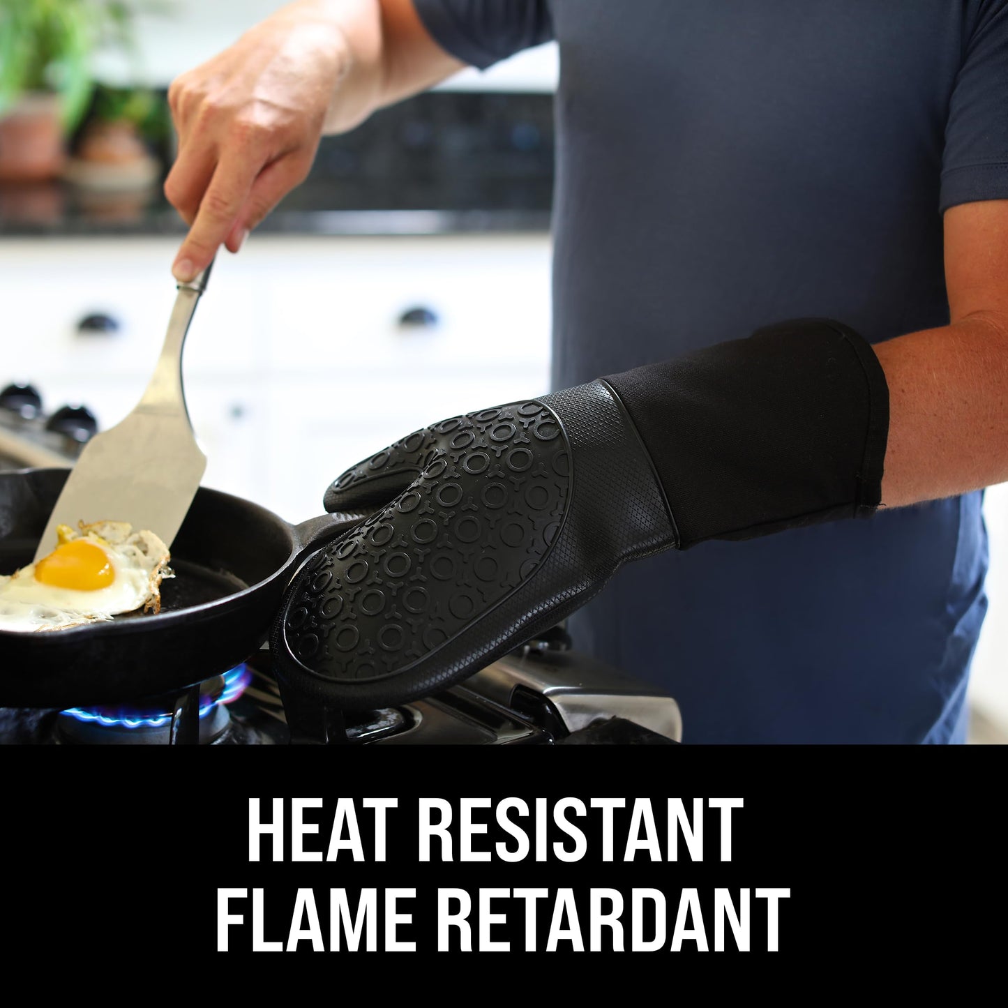 BPA-Free Silicone Oven Mitts Ultra Heat Resistant up to 500°F - Oven Mitts with Thick Cotton Liner - Long Slip Resistant Pot Holders, Flexible Oven Gloves - Black 13.7"