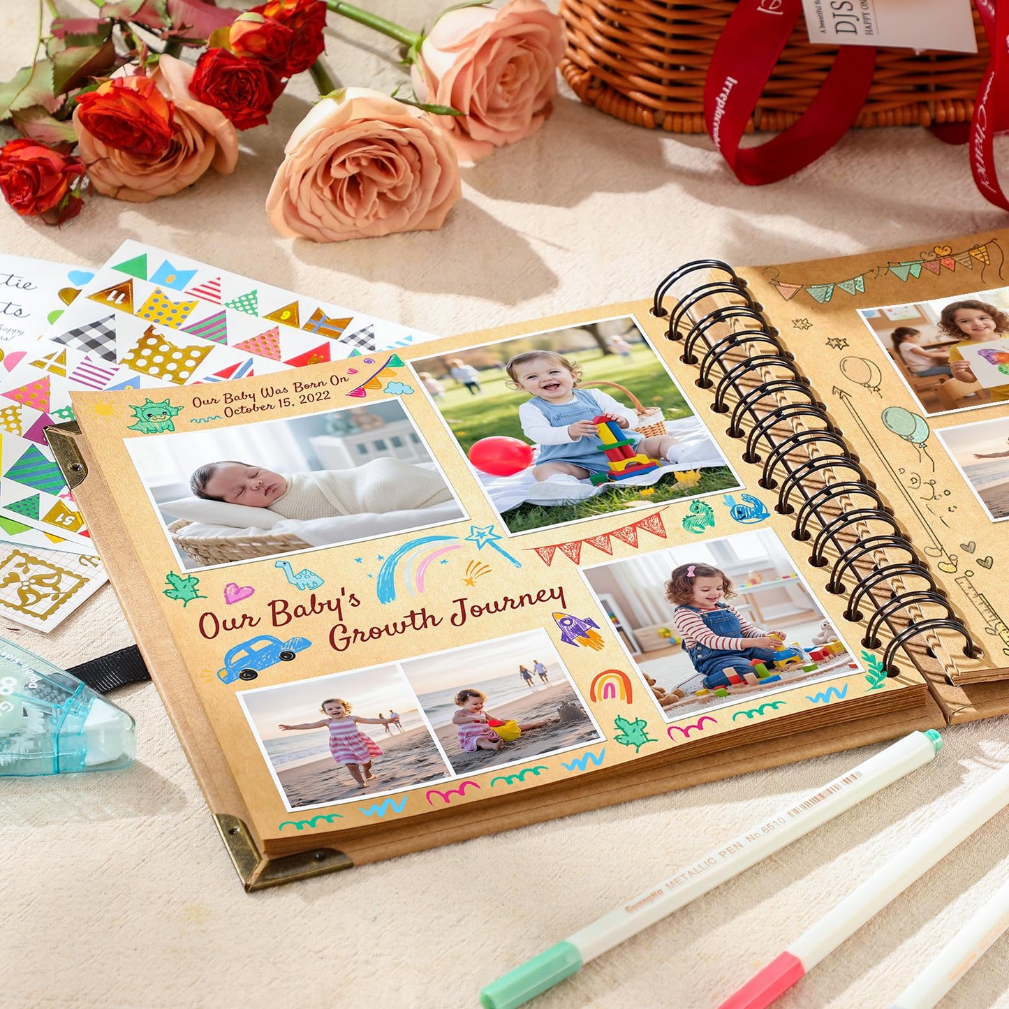 8 x 8 Inch Scrapbook Album 60 Pages with Scrapbooking DIY Kits. Window Photo Album with Scrapbook Tapes Stickers and Metallic Markers. Craft Memory Book for Wedding Baby Birthday Family Anniversary