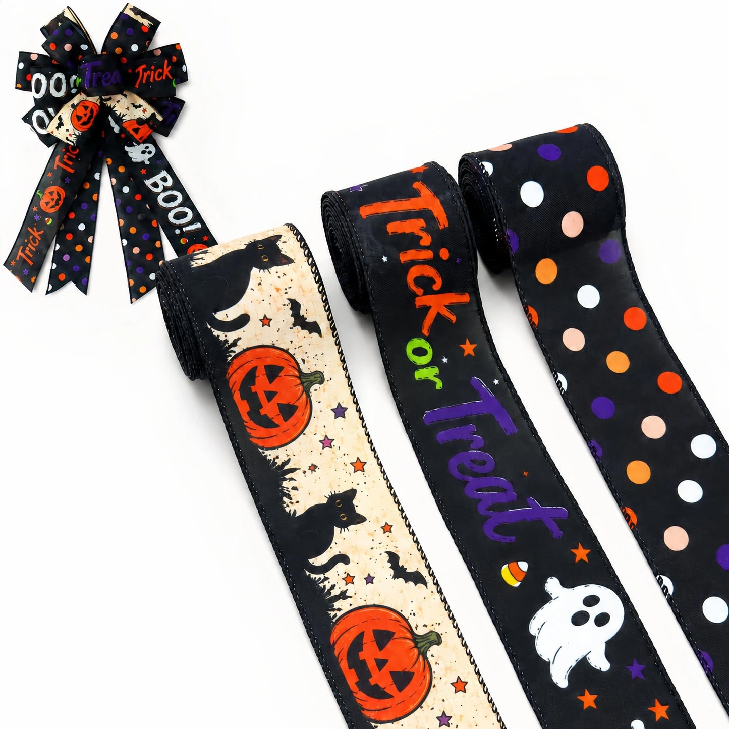 Halloween Wired Edge Ribbon, Ghost Pumpkin Boo Cat Ribbon for Wreath Making, Black Orange White Craft Ribbon for Bows, DIY Decorations & Gift Wrapping, 3Rolls, 2.5 Inch x 15 Yards