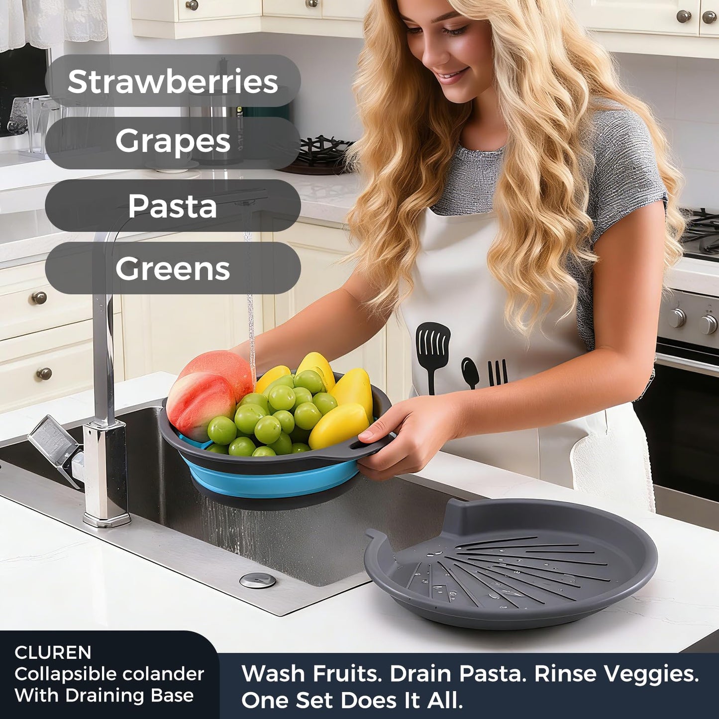 Cluren Collapsible Colander Set with Oversized Draining Tray | 3-Pack Foldable Kitchen Strainers + Base | Space Saving for Pasta, Veggies, Fruit & Rice | 5 Colors (Gray-Blue)