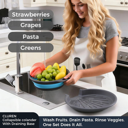 Cluren Collapsible Colander Set with Oversized Draining Tray | 3-Pack Foldable Kitchen Strainers + Base | Space Saving for Pasta, Veggies, Fruit & Rice | 5 Colors (Gray-Blue)