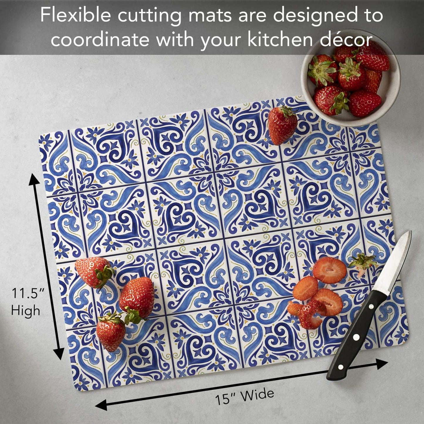 Cut N' Funnel Shades of Blue Designer Flexible Plastic Cutting Board Mat, 15" x 11.5", Easy to Clean, Made in the USA
