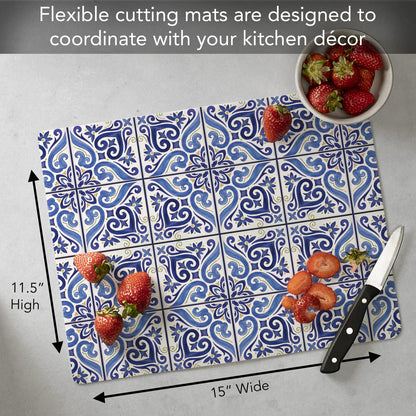 Cut N' Funnel Shades of Blue Designer Flexible Plastic Cutting Board Mat, 15" x 11.5", Easy to Clean, Made in the USA