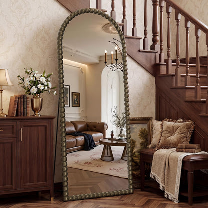 FlyEcho Arched Full Length Mirror, 71"x28" Antique Beaded Full Body Mirrors, Large Floor Mirror with Stand, Hanging Mounted for Bedroom Living Room Cloakroom Hallway Decor, PU Frame, Bronze