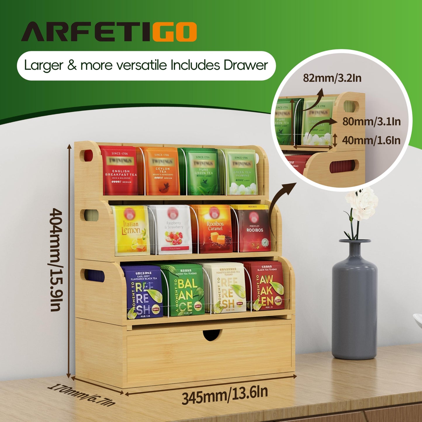 ARFETIGO Bamboo Tea Bag Organizer for Coffee Bar, 4 Tier Modular Tea Organizer with Drawer, Large Capacity Tea Storage Box, Stackable Tea Station Organizer, No Assembly, Kitchen Counter