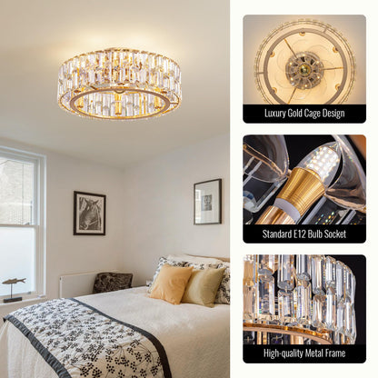 Siljoy 20’’ Gold Crystal Ceiling Fan with Light, Modern Caged Ceiling Fan with Lights and Remote, 6 Speeds Reversible Dimmable Quiet DC Motor Fandelier for Girl’s Bedroom Living Room, 6 x E12