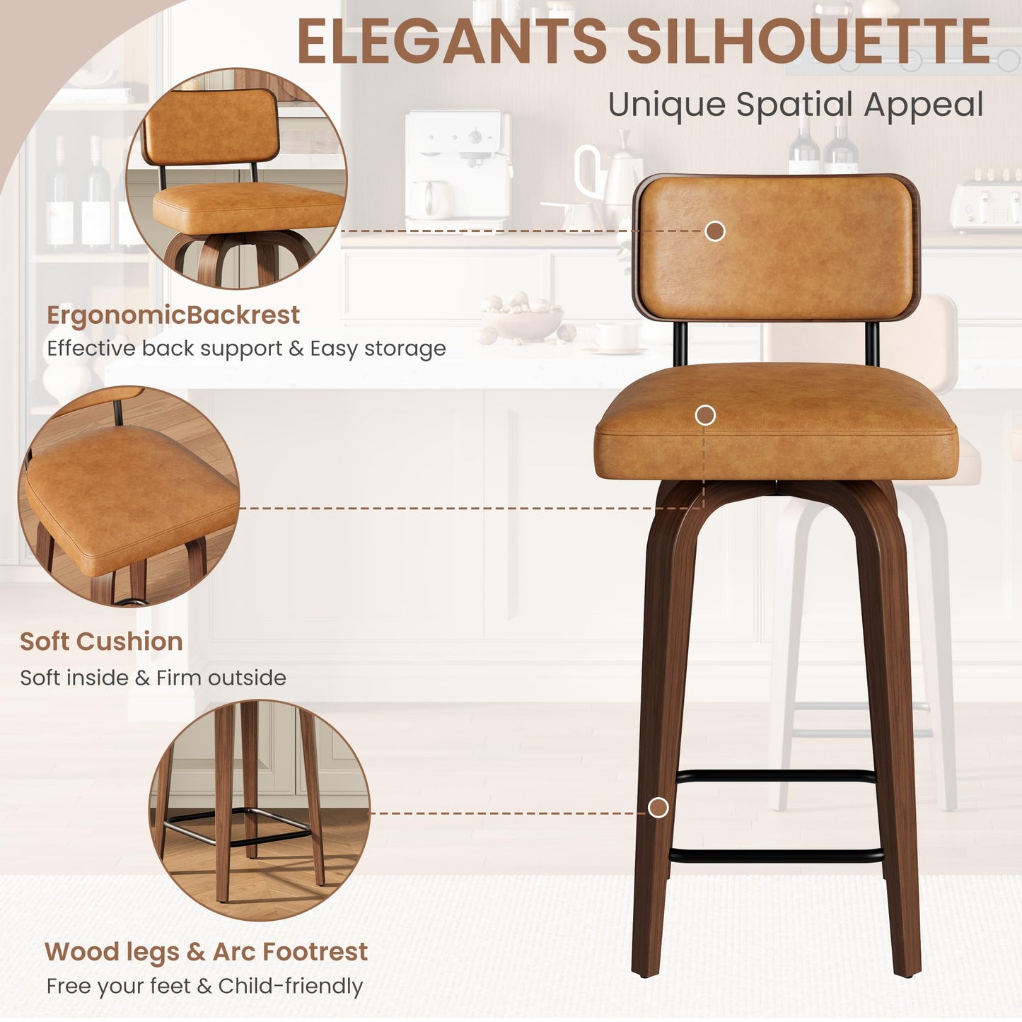 IDEALHOUSE Swivel Bar Stools Set of 4, 26" Upholstered Counter Height Bar Stools with Back and Walnut Wood Legs, Larger Cushion Size 18.3"*17.5", Faux Leather Barstools for Kitchen Counter, Brown