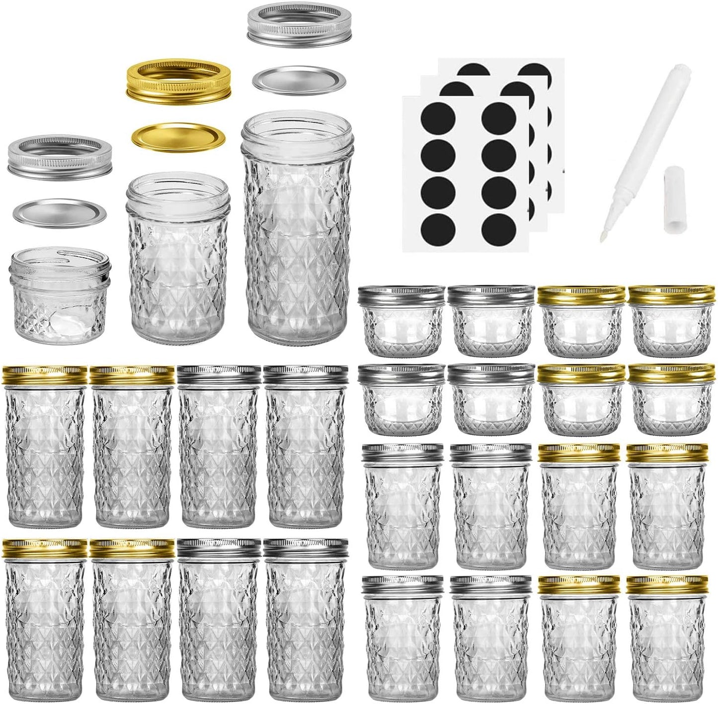 24 Pack 4 OZ 8, 8 OZ 8, 12 OZ 8 (4oz -8oz-12oz) SPANLA Mason Jars, Canning Jars With Regular Lids, Ideal for Jam
