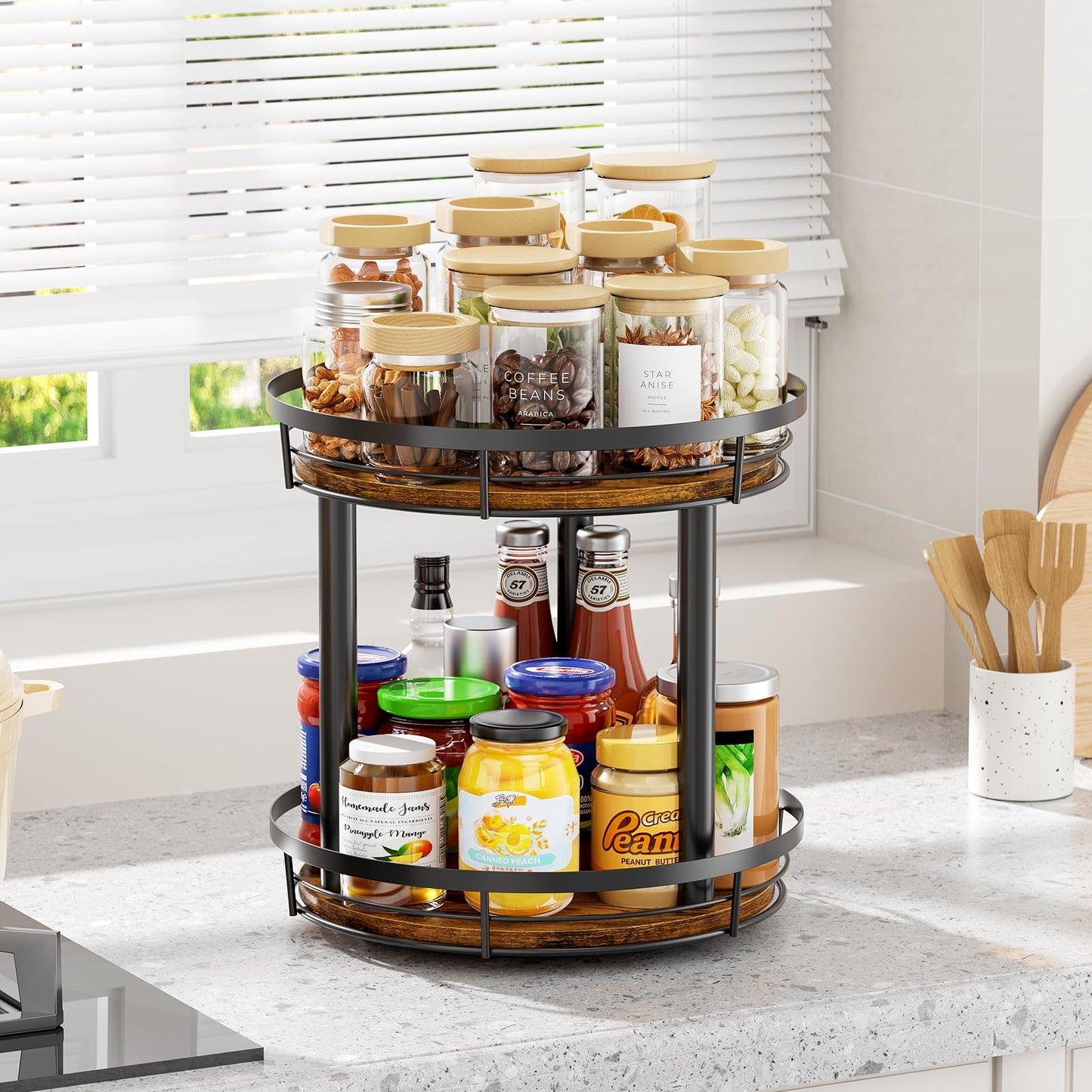LAMU 10'' Wood Lazy Susan Spice Rack Organizer, 2 Tier Spice Organization for Cabinet, Countertop, Kitchen, Table Top, Pantry, Condiment and Seasoning Rack Organizer