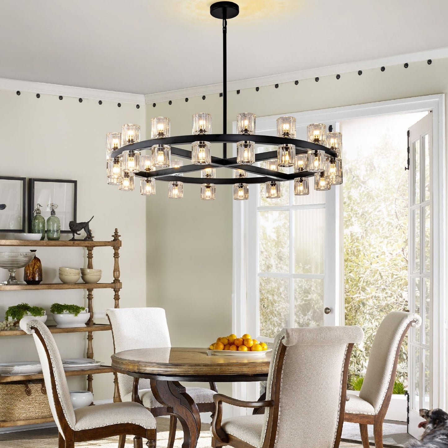 Plsintly Modern Black Crystal Chandelier,36" K9 Crystal Chandeliers for Dining Room Over Table,Wagon Wheel Chandeliers for Dining Room,Living Room,Foyer,Includes 36XG4 Bulbs