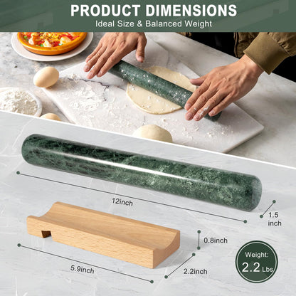Erongoo Marble French Rolling Pin for Baking, 12 Inch Non Stick Polished Rolling Pin for Dough, Heavy Dough Roller for Fondant Pizza Pie Crust Cookie Pastry Bread, Kitchen Baking (Indian Green)