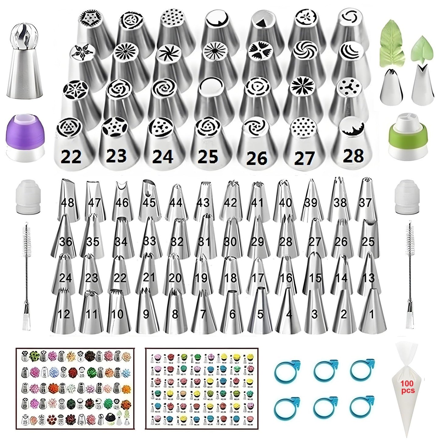 YOQXHY Russian Piping Tips Set, 193 Pcs with 28 Numbered Russian Tips, 48 Numbered Icing Tips, 1 Ball Tip, 2 Leaf Tips, Pattern Chart, 4 Couplers, 100 Pastry Bags & More for Cake Cupcake Decorating