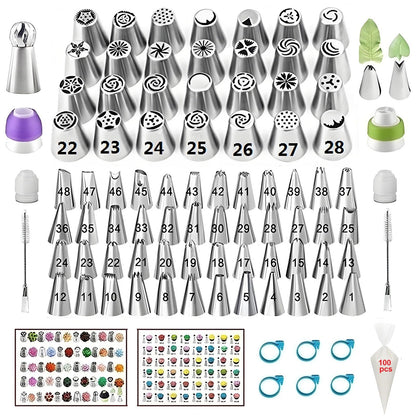 YOQXHY Russian Piping Tips Set, 193 Pcs with 28 Numbered Russian Tips, 48 Numbered Icing Tips, 1 Ball Tip, 2 Leaf Tips, Pattern Chart, 4 Couplers, 100 Pastry Bags & More for Cake Cupcake Decorating