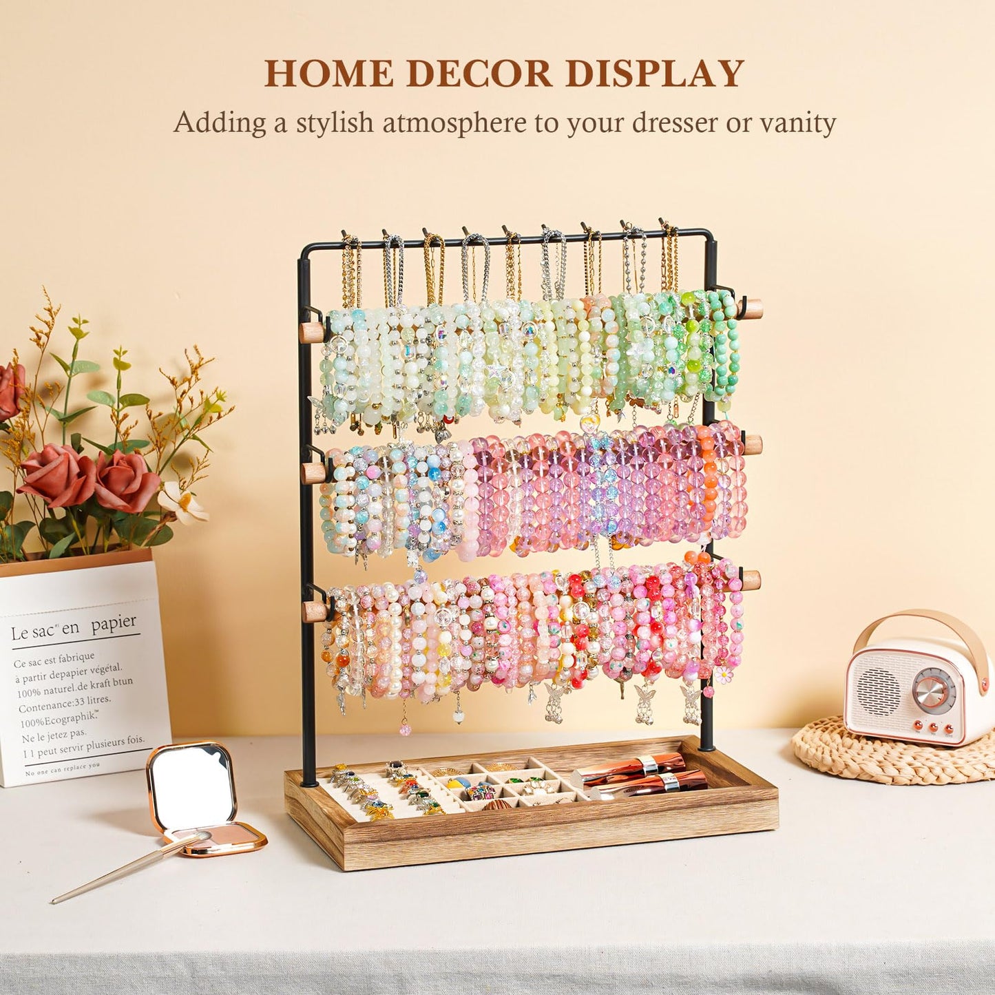 Emfogo Jewelry Organizer Stand, 5 Layer Wood & Metal Bracelet Holder with Necklace Holder Pole, Large Capacity Jewelry Display Holder for Bracelets Necklaces Rings Watches Scrunchies (Rustic Brown)