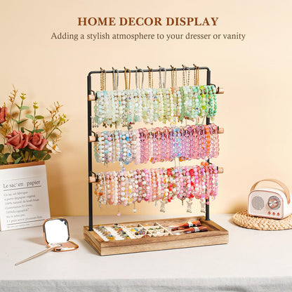 Emfogo Jewelry Organizer Stand, 5 Layer Wood & Metal Bracelet Holder with Necklace Holder Pole, Large Capacity Jewelry Display Holder for Bracelets Necklaces Rings Watches Scrunchies (Rustic Brown)