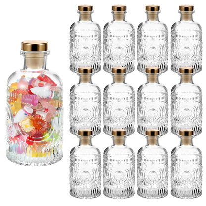 MegoSage 12 Pack Small Glass Bottles with Cork, 6.7oz/200ml Small Apothecary Jars, Clear Square-Round Mini Bottles for Beverages, Crafts, Wedding Favors & DIY Home Decor