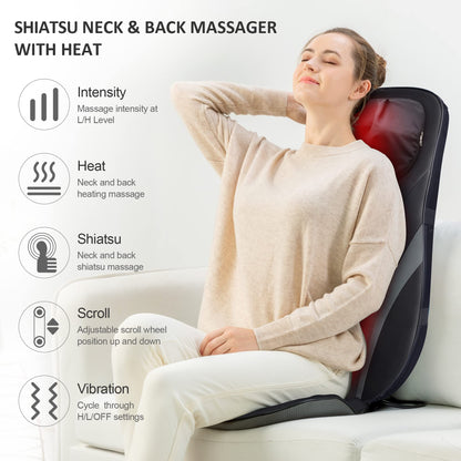 Snailax Shiatsu Back Massager with Heat -Deep Kneading Massage Chair Pad with Adjustable Intensity, Shiatsu Chair Massager to Relax Full Body Muscle