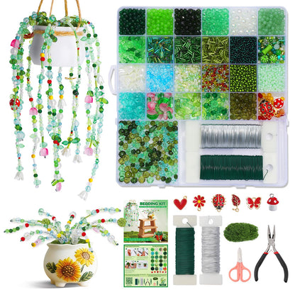 GarfxG Beaded Plant Kit, Green Glass Beads Plants Kit, Forever Plant Beads Green Beads with Step by Step Instructions, Video Tutorials, DIY Making Tools for Home Decor Jewelry Making DIY Craft