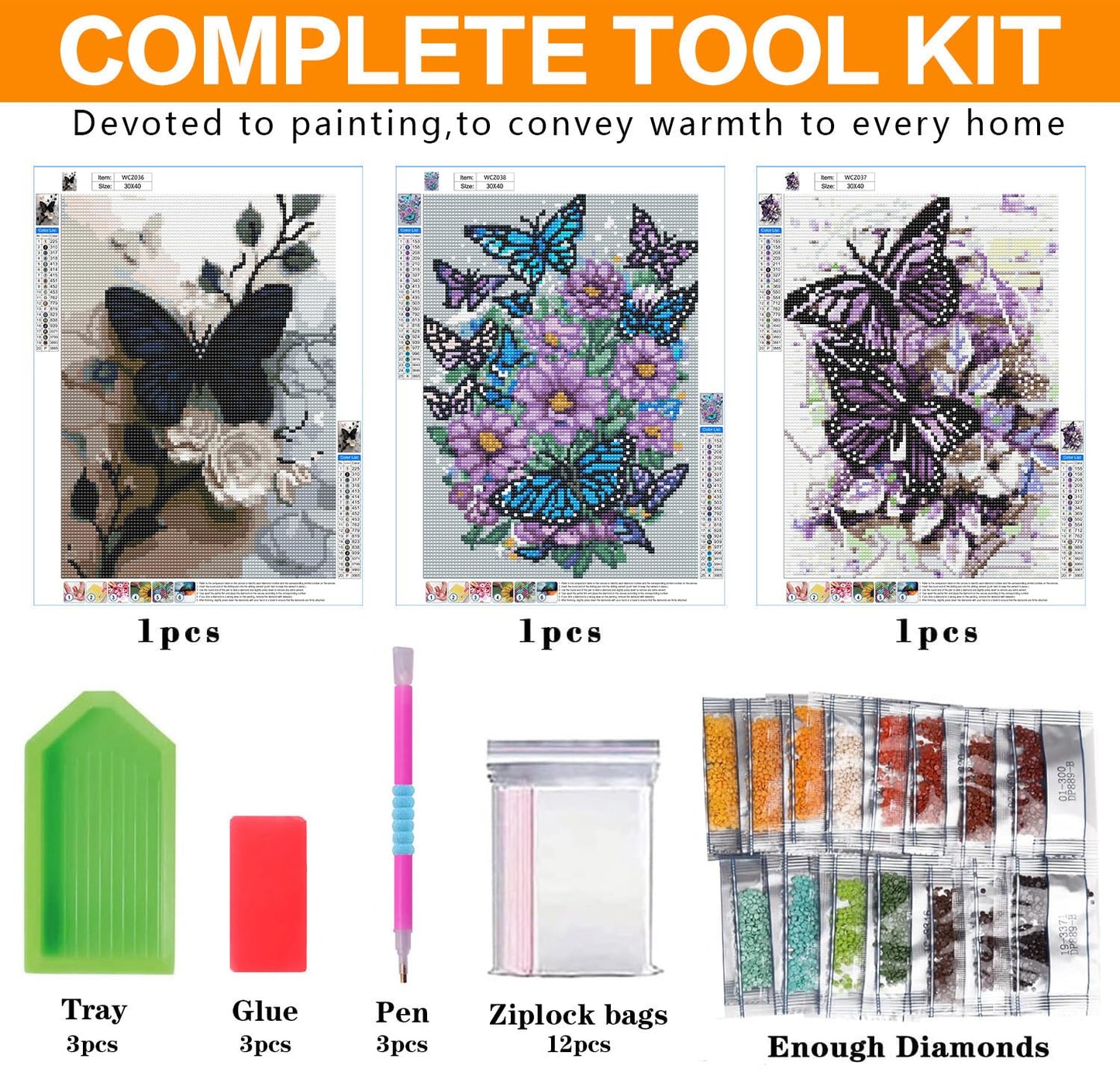 3 Pack Diamond Art Kits for Adults, Butterfly Flowers Diamond Painting Kits for Adults, 5D DIY Round Drill Gem Art Paint with Diamonds Dots Crafts Kits for Home Decor Gift 12x16inch