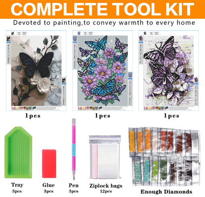 3 Pack Diamond Art Kits for Adults, Butterfly Flowers Diamond Painting Kits for Adults, 5D DIY Round Drill Gem Art Paint with Diamonds Dots Crafts Kits for Home Decor Gift 12x16inch