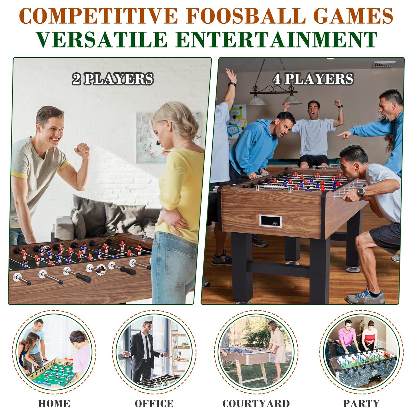 REAHOISY 58 Inch Large Size Foosball Table Adult Size, Full Size Soccer Game Table w/2 Balls, Leg Levelers & Heavy-Duty Legs, Durable Arcade Football Table for Game Room, Home, Office, Party (Brown)