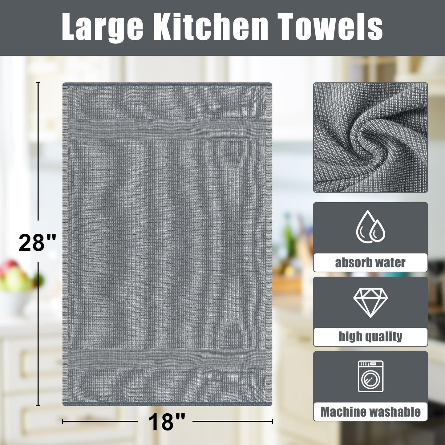 Homaxy Premium Kitchen Towels(18”x 28”, 6 Pack), Large Cotton Kitchen Hand Towels, Flat and Terry Dish Towels, 380 GSM Highly Absorbent Tea Towel Set with Hanging Loop, Grey