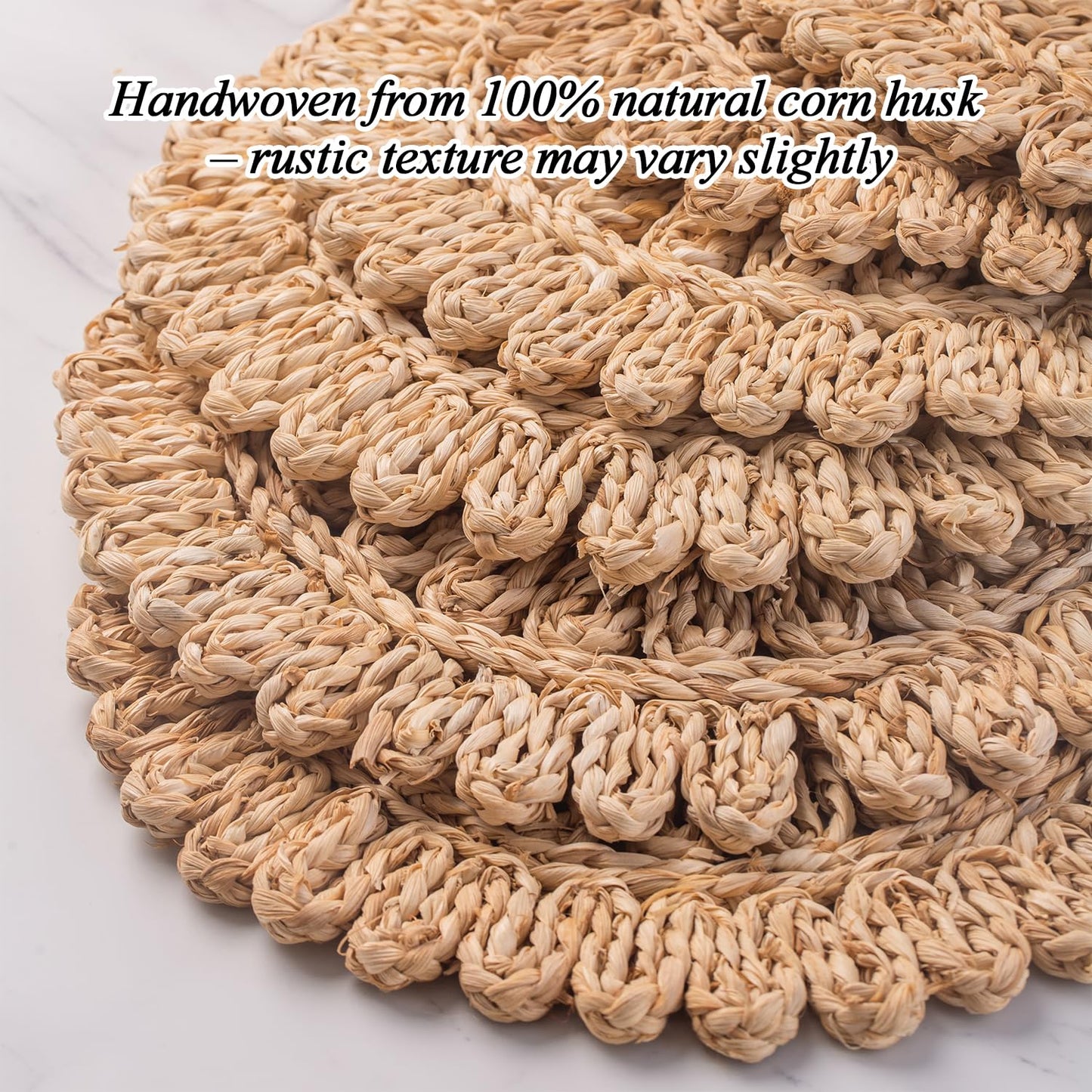 Laquedecraft 13.8" Set of 6 Round Corn Husk Placemats | Boho Woven Rattan Table Mats | Farmhouse Wicker Spring Plate Chargers Like Water Hyacinth, Seagrass for Wedding, Party, Christmas, Events