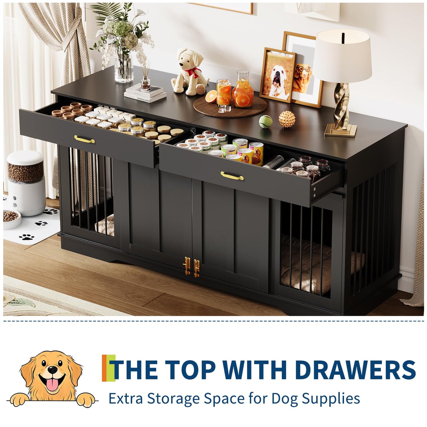 GarveeHome 71'' Double Wooden Dog Crate Furniture for 2 Dogs, with Removable Divider, Sliding Door & 2 Drawers, Decorative TV Stand for Living Room, Fits Small Medium Large Dogs