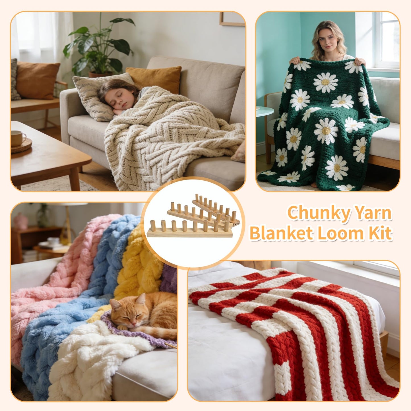 𝙉𝙚𝙬 60" Chunky Yarn Loom, Adjustable Looms for Chunky Blankets, Premium Wood with Tool-Free Assembly, Beginner Friendly Hand Knitting Kit for DIY Blankets and Thoughtful Gift Making