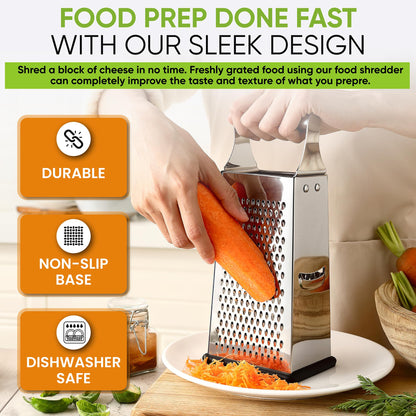 Spring Chef Professional Large Parmesan Cheese Grater, Stainless Steel Metal Box Grater with Handle, 4 Sided Handheld Kitchen Food Shredder for Cheese, Carrot, Veggie, Ginger, Potato - Dishwasher Safe