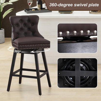 Fahomiss Brown Leather Swivel Bar Stools Set of 4 with Back, 26 Inch Counter Height Chairs, Solid Wood Legs, Tufted Seat, Comfortable and Stylish for Kitchen, Island, Home Bar（Brown, 4 Pack, 26" H）