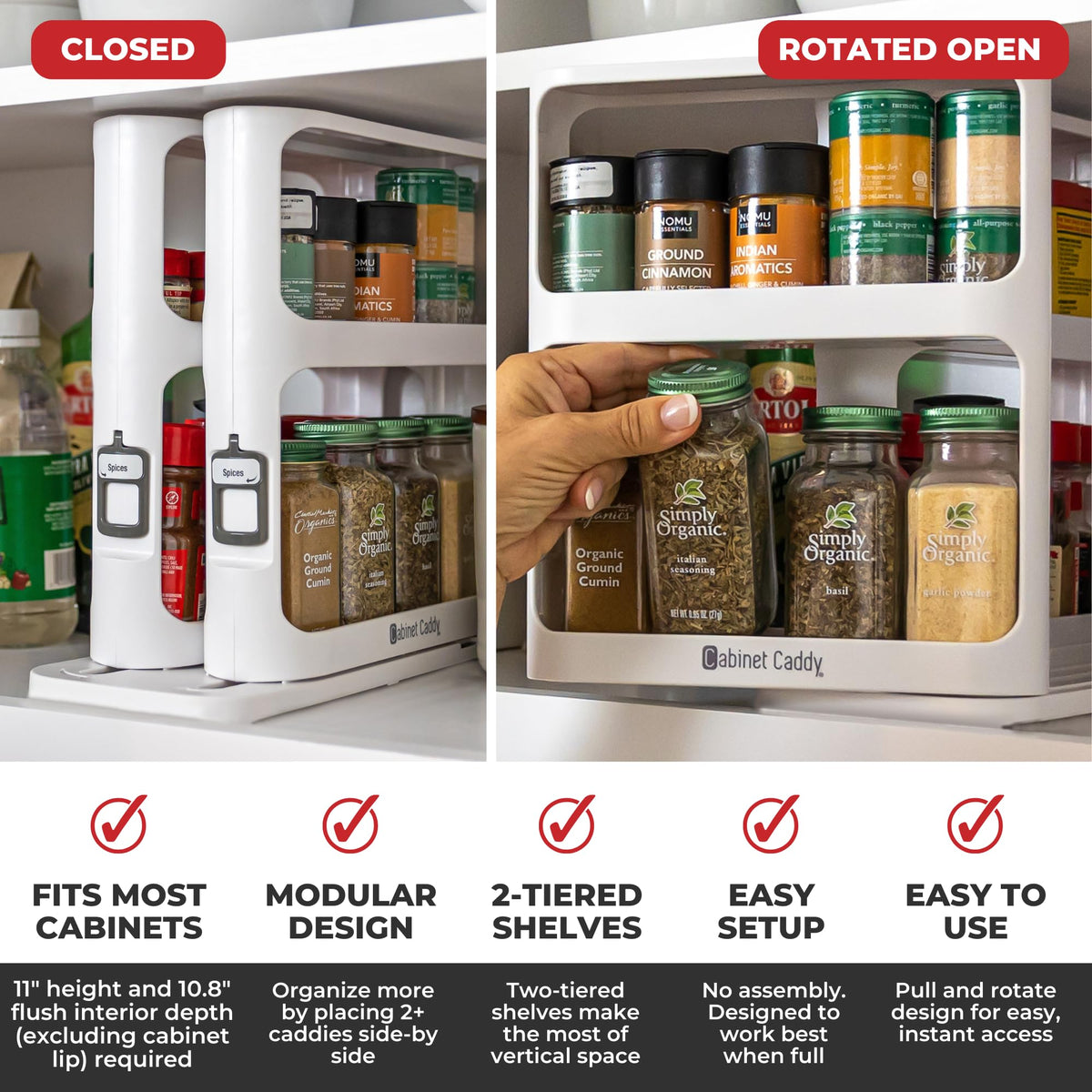 Cabinet Caddy Spice Rack Organizer for Cabinet - Slide & Rotate Kitchen Organizers and Storage - 2 Double-Decker Shelves - Non-Skid Base - Magnetic Modular Design - 10.8" H x 5.25" W x 10.8" D