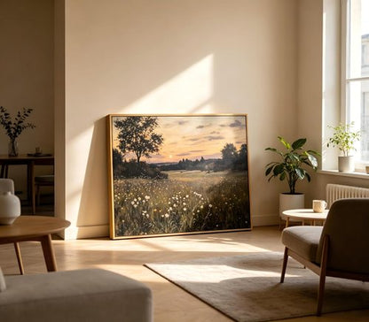 Framed Vintage Farmhouse Canvas Wall Art - Rustic Wildflower Field Landscape Painting 16x24