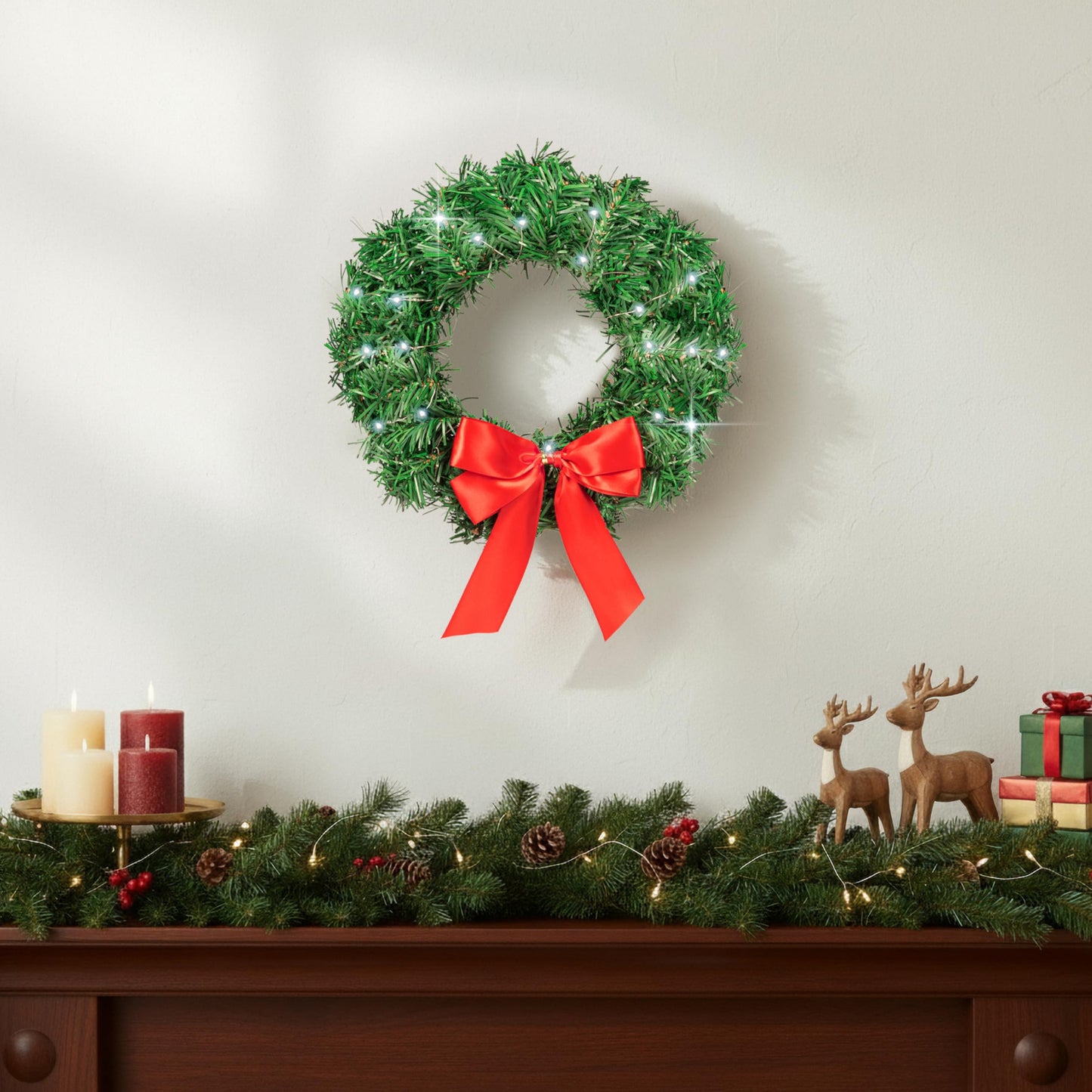 Carbella Christmas Wreath for Car Truck SUV Van, LED Light Up with Red Bow Decoration Ornament Mount Xmas Artificial Pine Water-Proof Winter Holiday Wreath Mounting Hardware Included (11" x 11")