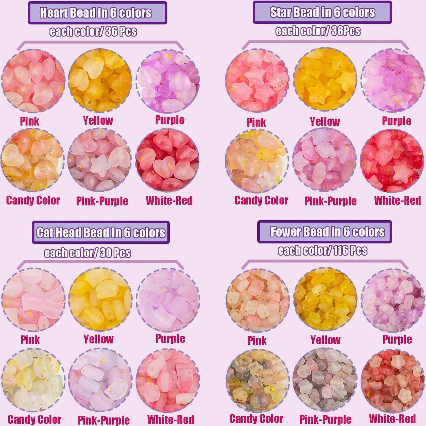 1300Pcs Pink Purple Assorted Acrylic Beads for Bracelet Jewelry Making, Frosted Star Heart Flower Cute Cat Head Shape Beads Matte Pastel Beads Cute Aesthetic Kawaii Bead for DIY Necklace Keychain