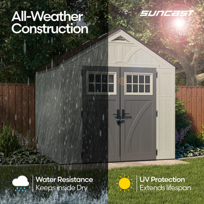 Suncast 8x7 Ft. Outdoor Storage Shed - Large Resin Shed with Floor, Lockable Double Doors, & Skylights. 378 Cu Ft Tremont Garden Sheds & Outdoor Storage for Lawn Tools, Riding Mowers, Bikes, & More