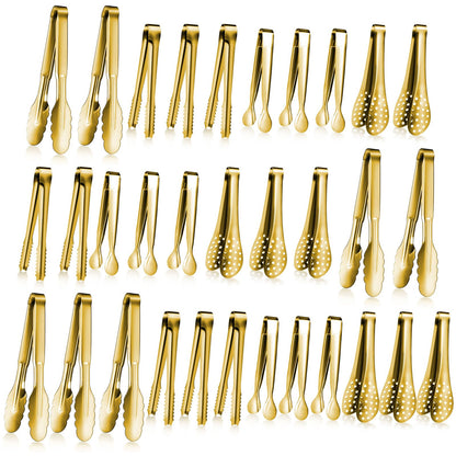 Mumufy 32 Pcs Mini Serving Tongs Buffet Serving Utensils Stainless Steel Small Tongs Catering Kitchen for Appetizer Tea Party Coffee Bar Food Ice Salad Barbecue Cookies Sugar, 4 Styles(Gold)