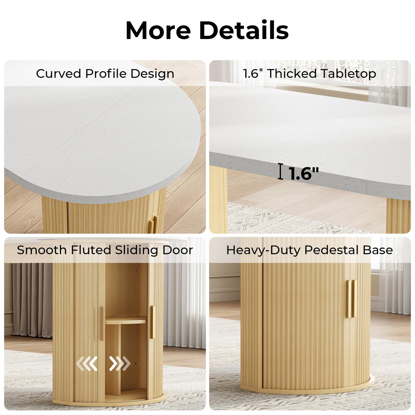 IRONCK 71" Oval Dining Table for 4-6 with Hidden Storage, Modern Farmhouse Kitchen Table with Fluted Semi-Cylindrical Legs, Faux Quartz Top for Dining Room, Kitchen, Living Room & Home Office (Oak)