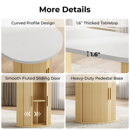 IRONCK 71" Oval Dining Table for 4-6 with Hidden Storage, Modern Farmhouse Kitchen Table with Fluted Semi-Cylindrical Legs, Faux Quartz Top for Dining Room, Kitchen, Living Room & Home Office (Oak)
