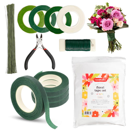 Incraftables Floral Tape & Wire Bundle – 4 Rolls (White, Light Green, Green, Dark Green), 100pcs Stem Wire, 30m Wreath Wire, Wire Cutter – Complete Bouquet & Flower Crafting Kit