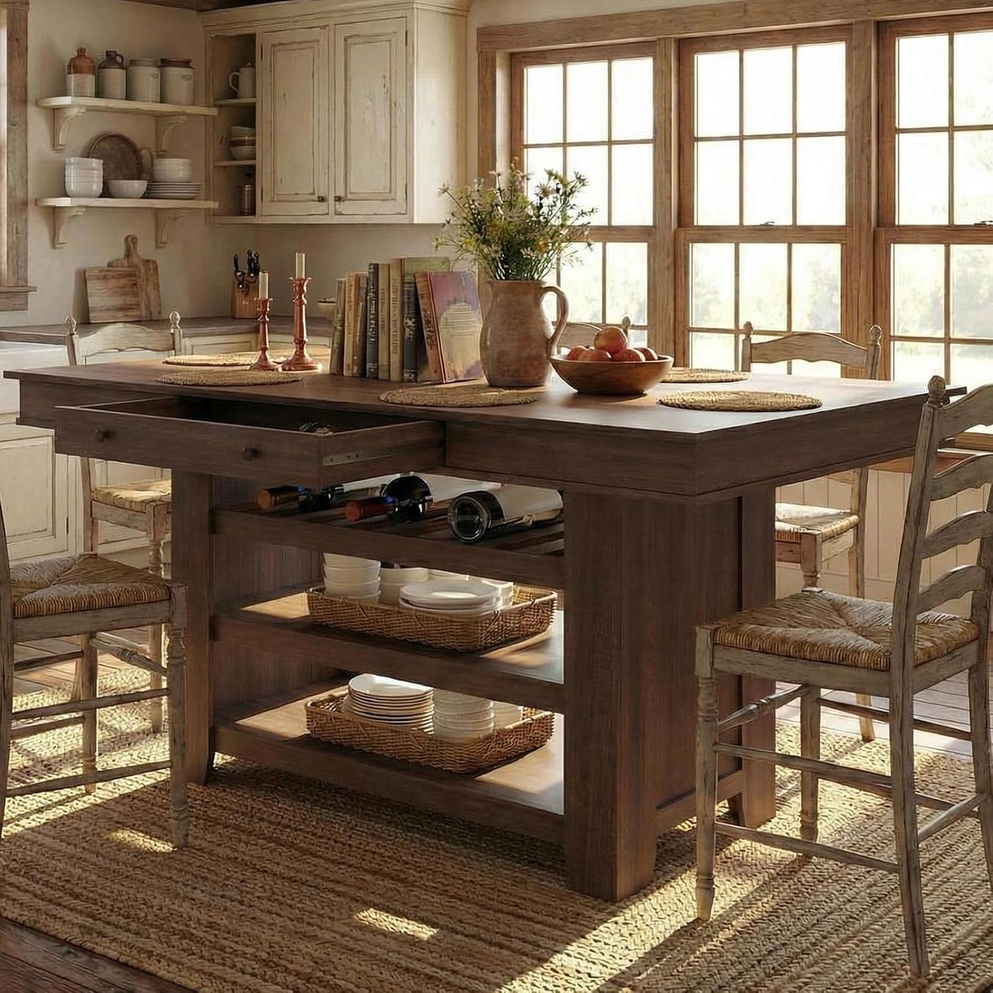 GarveeHome Tall Bar Height Dining Table for Kitchen & Bar, Seats 4-6, Heavy Duty Wood Counter Table with Thick Large Top, Deepened Wine Rack, 2 Drawers & 3 Shelves, for Kitchen, Bar, Rustic Brown