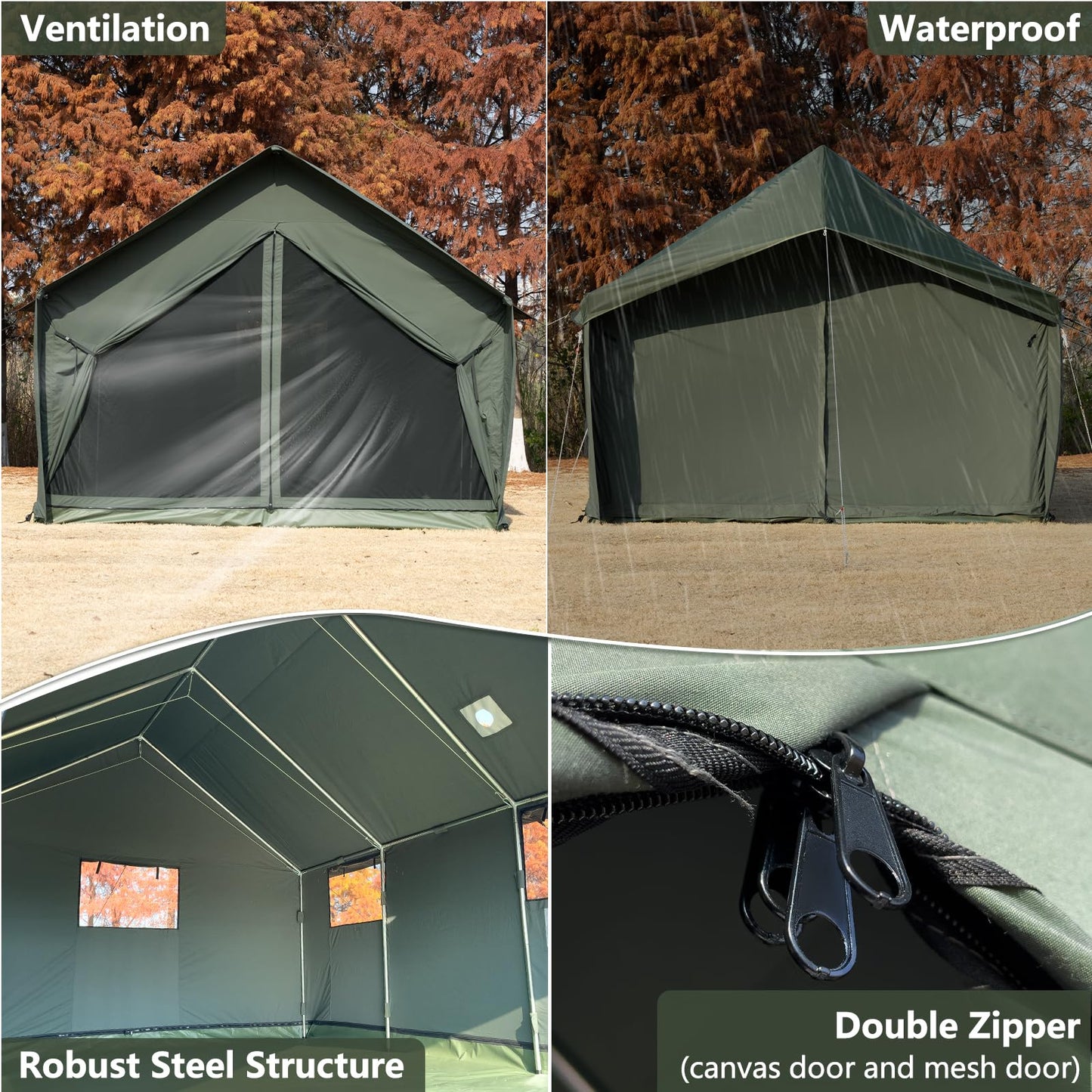 WaldZimmer Cotton Canvas Wall Tent with Rain Canopy Waterproof Outdoor Tent for Hunting Family 4 Season Camping Tents Heavy Duty Steel Frame&PVC Floor, Green