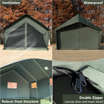 WaldZimmer Cotton Canvas Wall Tent with Rain Canopy Waterproof Outdoor Tent for Hunting Family 4 Season Camping Tents Heavy Duty Steel Frame&PVC Floor, Green