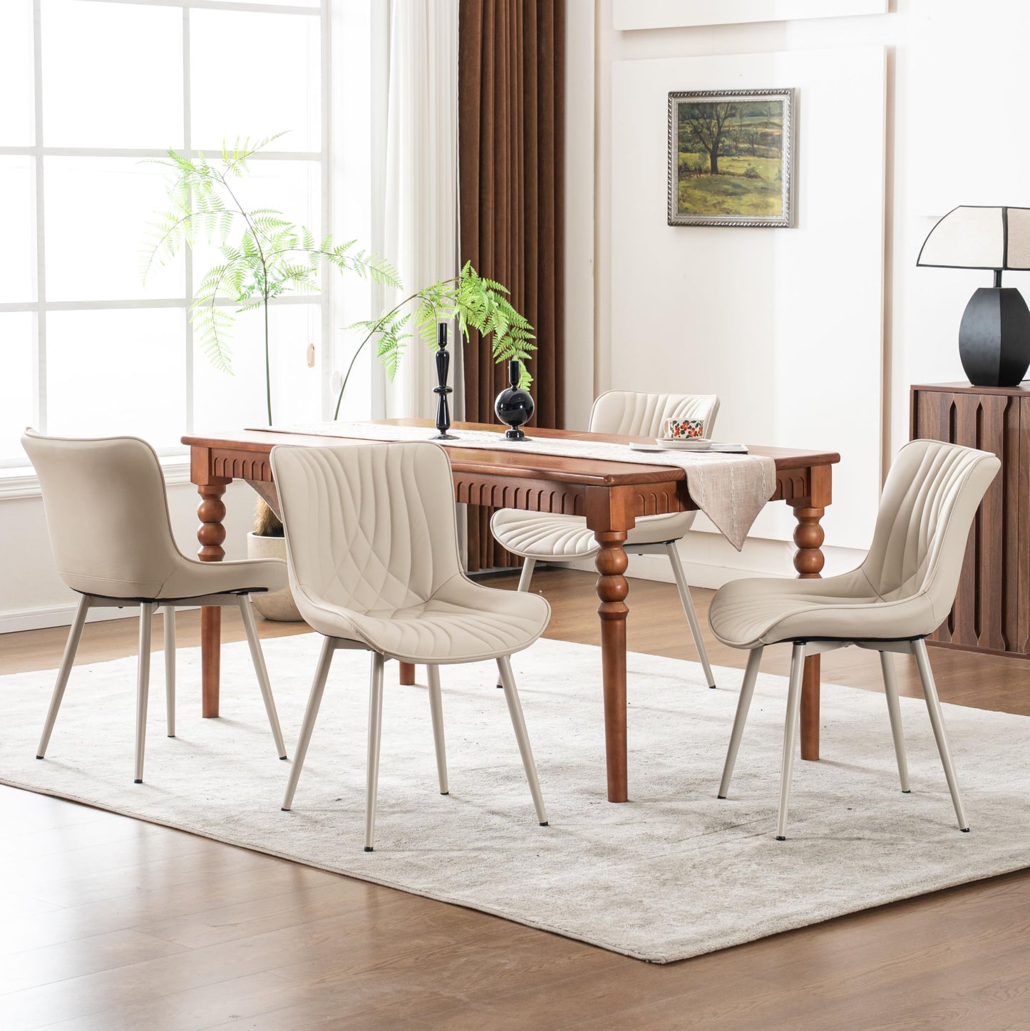 Kidol & Shellder Dining Chairs Set of 2, Mid Century Modern Kitchen Chairs with Metel Legs, PU Leather Upholstered Side Chair for Dining Room, Living Room, Lounge, Restaurant, Cream