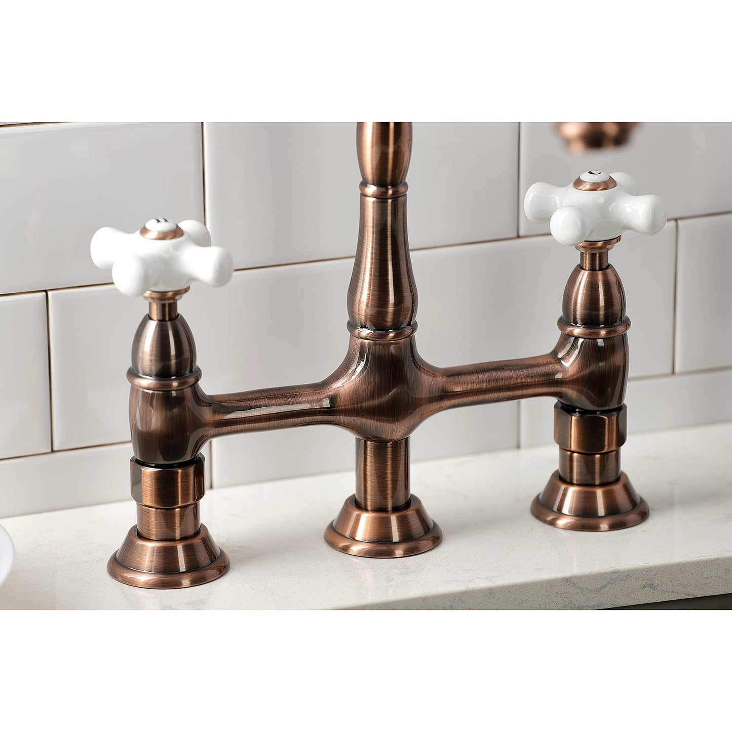 Kingston Brass KS127PXBSAC Heritage Bridge Kitchen Faucet with Brass Sprayer, Antique Copper
