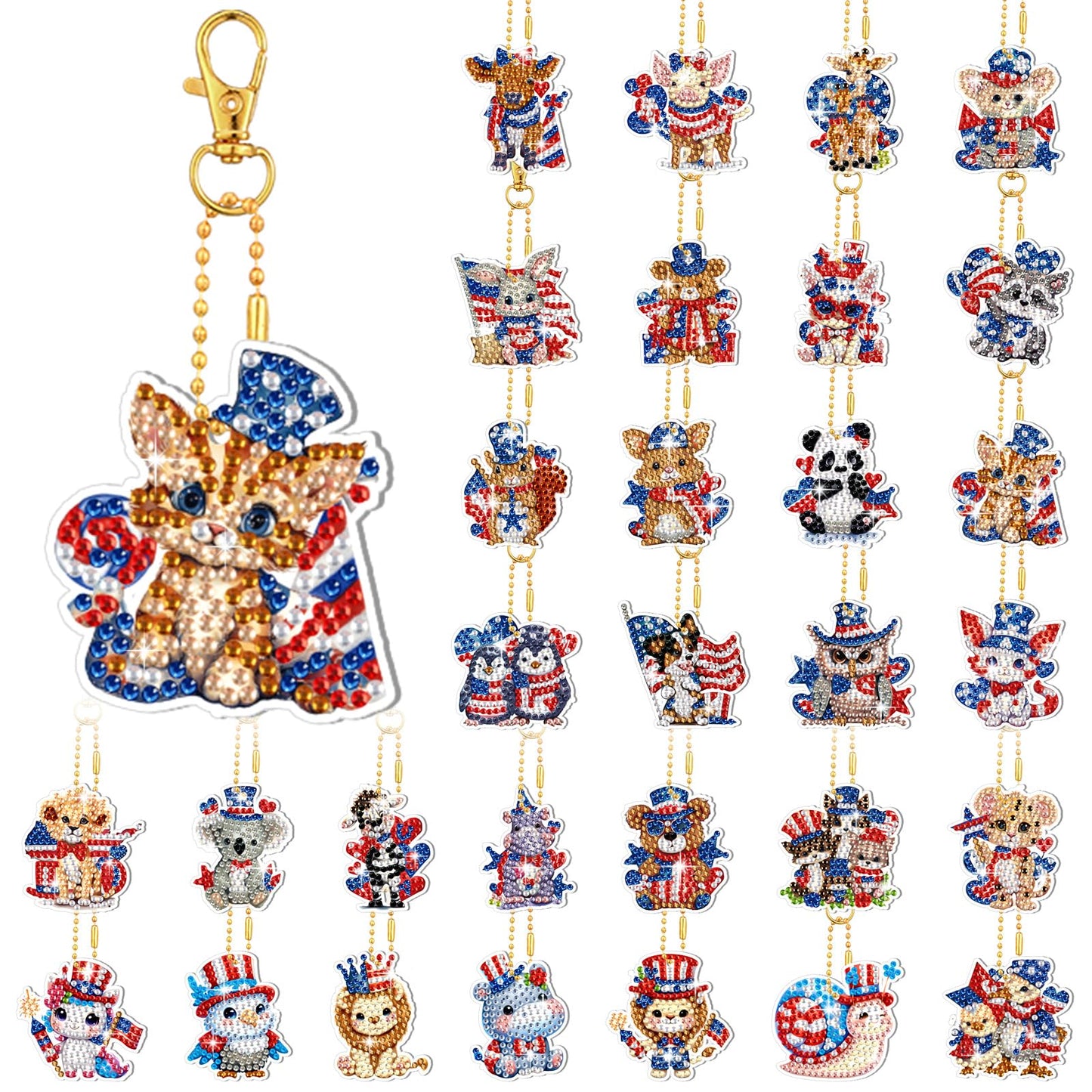 WILLBOND 30 Pcs 4th of July Animals Diamond Art Keychain Kits for Adults Independence Day Patriotic Diamond Painting Keyring Double Sided American Flag Red White Blue Hanging Ornaments for DIY Crafts