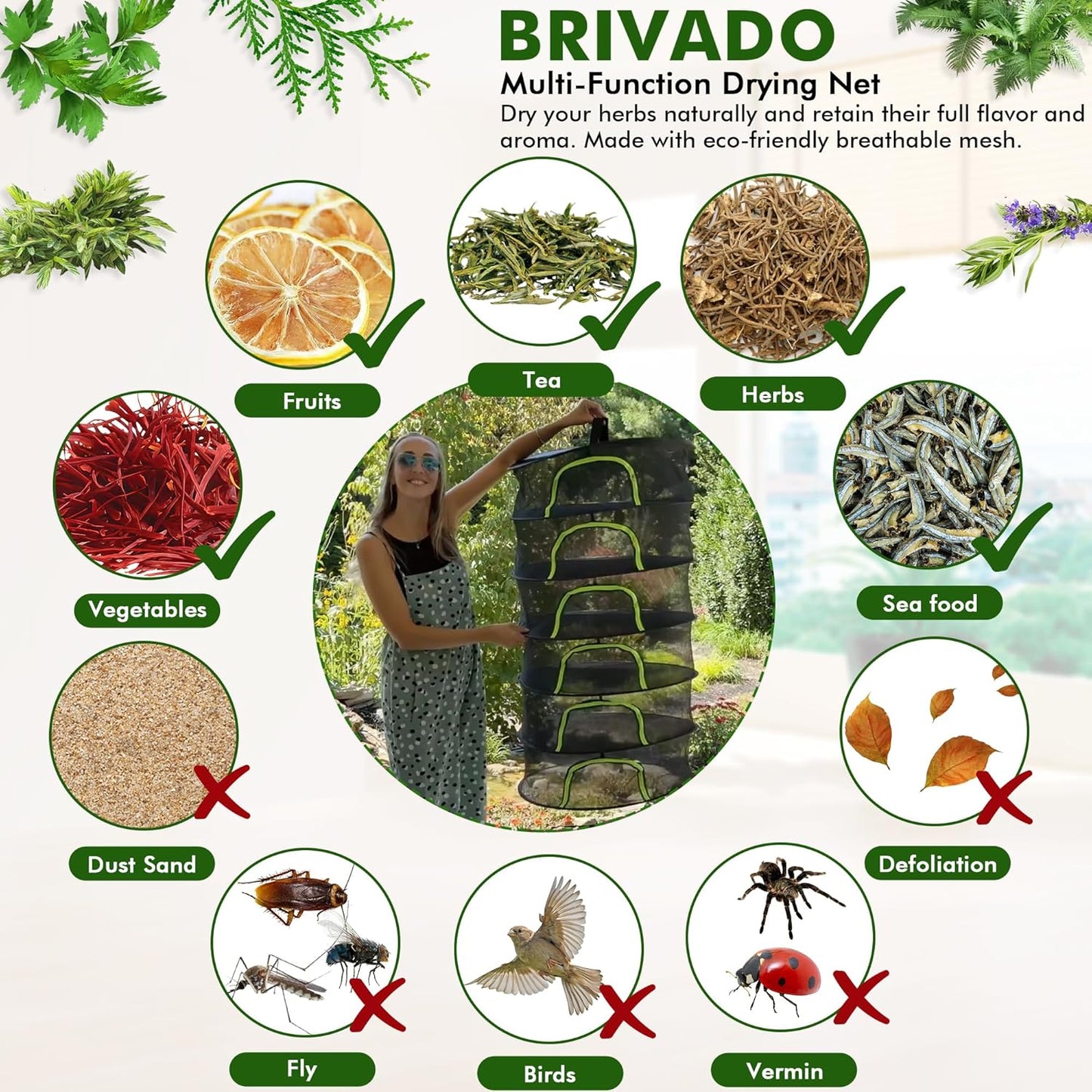BRIVADO 4 24" Herb Drying Rack Hanging Mesh Layer with Zipper, Garden Pruning Shear, Hook & Carabiner Clip for Drying