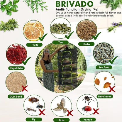 BRIVADO 4 24" Herb Drying Rack Hanging Mesh Layer with Zipper, Garden Pruning Shear, Hook & Carabiner Clip for Drying